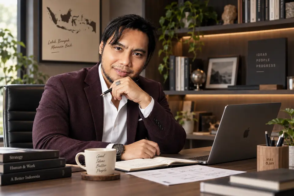 Mas Ojay, pengelola portal, di meja kerja